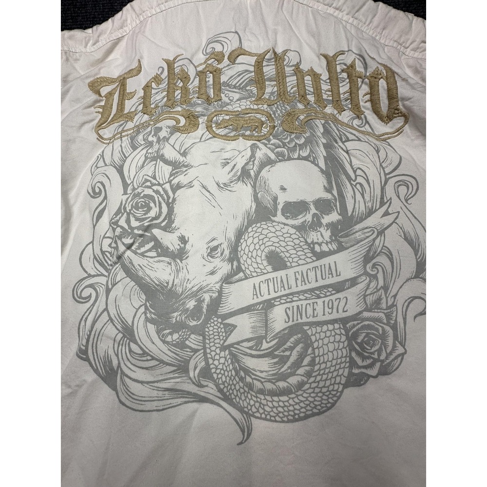 Ecko Unltd Shirt Mens 2XL Ivory Long Sleeve Button Up Rhino Skull Graphic Urban‎